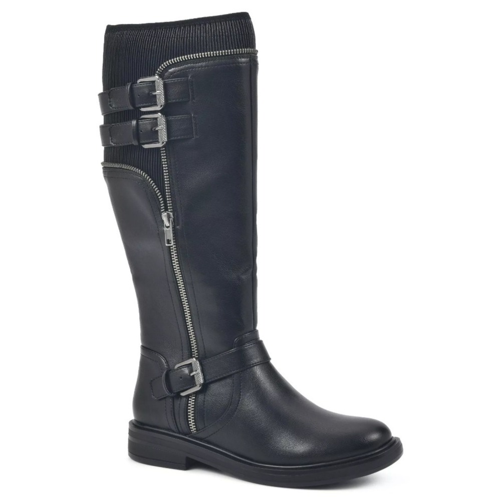 White Mountain Tall Boots Black Multi Buckle Moto Women 6.5 M NEW
